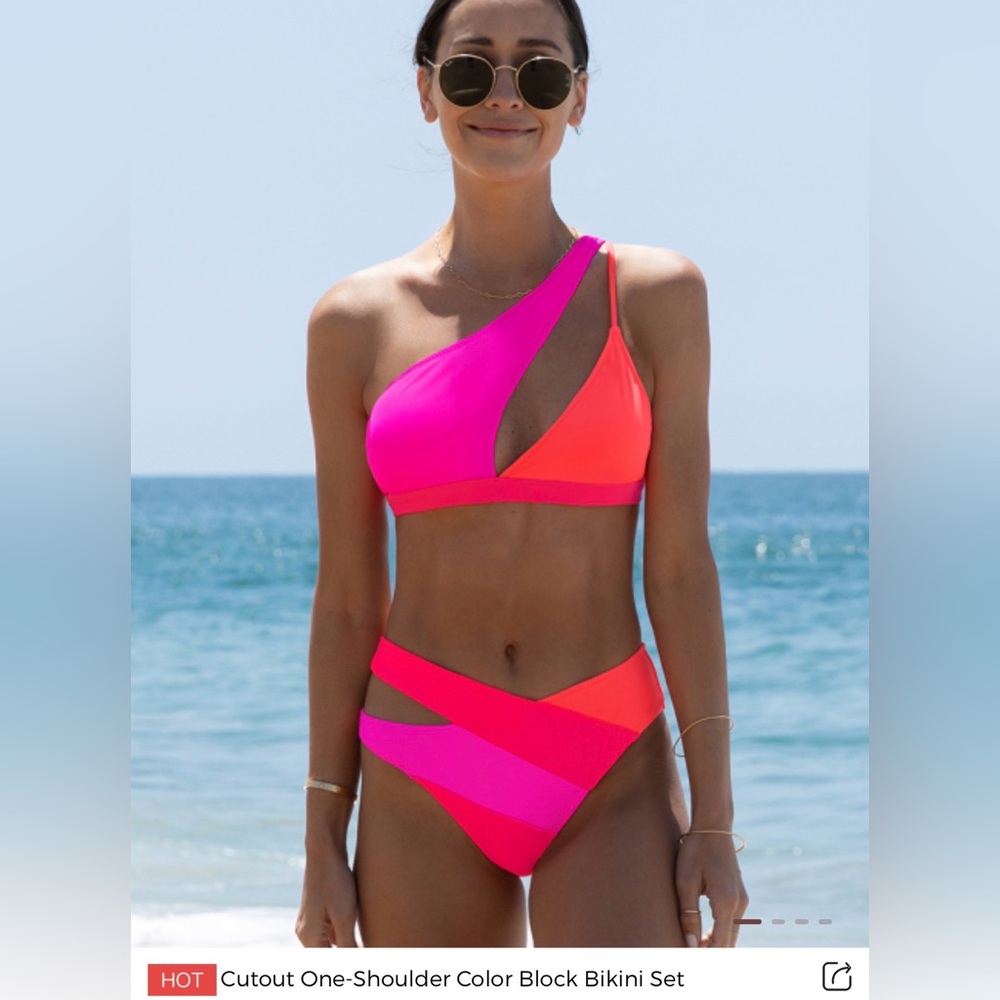 NWT Women’s Popvil Bikini Top Bottom Set One Shoulder XXL Neon Pink Orange